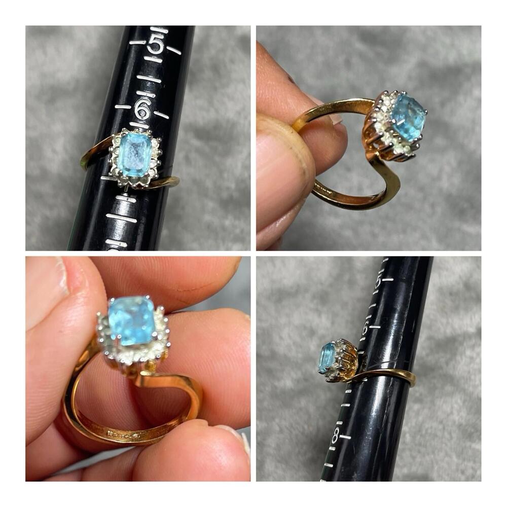 Vintage 14K Yellow Gold Plated Lab Created Aquamarine Engagement Ring Cz Size 7